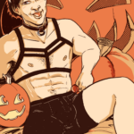 A halloween-themed pinup of Jake in a skimpy costume, posing with pumpkins.